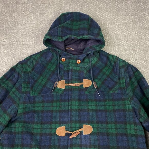 Vintage LL Bean Toggle Coat Men's XL Green Blue Tartan Plaid Wool USA Duffle - Picture 2 of 15